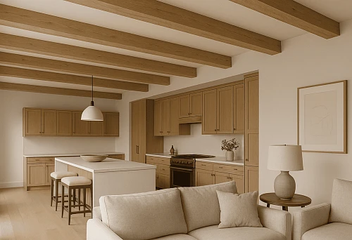 Modern kitchen-living room with decorative false beams on the ceiling, finished to look like wood, and light furniture