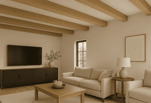 Bright living room with wooden faux beams on the ceiling, beige furniture, and a dark TV stand