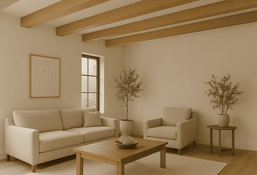 Bright living room with wooden false beams on the ceiling, beige furniture, and a wooden table in the center of the room