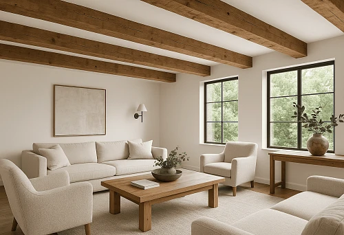 Spacious living room with wooden false beams on the ceiling, light furniture, and a wooden table in the center