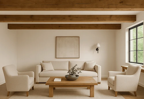 Minimalist living room with false wooden ceiling beams, light furniture and wooden table