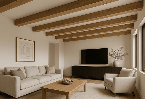 Modern living room with decorative false beams on the ceiling made of wood in a light interior