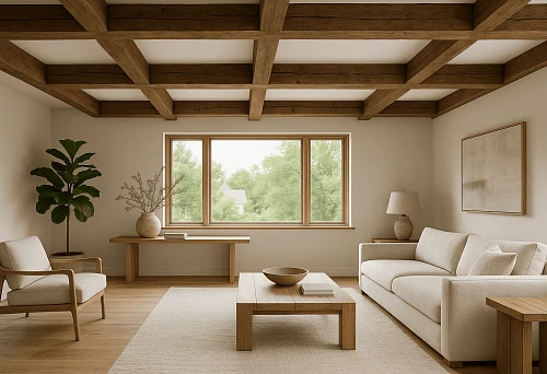 Living room with a ceiling featuring wooden false beams arranged in a grid, light-colored furniture, and a large window