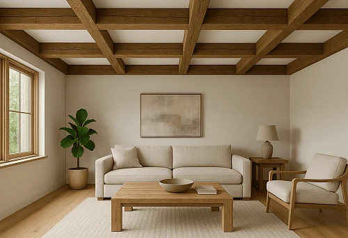 Bright living room with a ceiling decorated with wooden false beams in a grid pattern