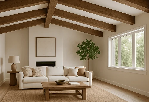 Bright living room with wooden false beams on the ceiling, beige sofa, and large window in Scandinavian style interior