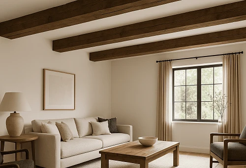 Cozy living room with a ceiling featuring false beams made of dark wood,