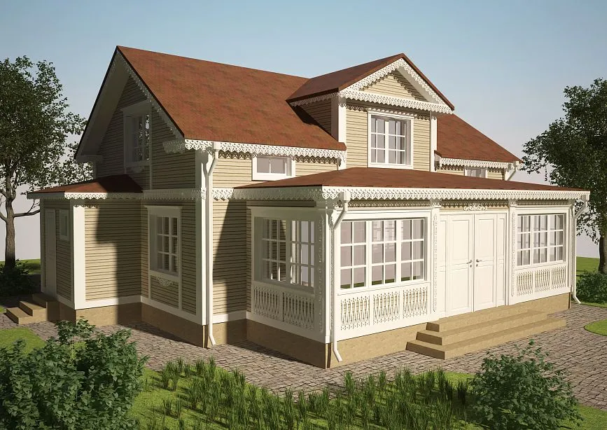 Two-story wooden house with white carved ornaments and veranda.