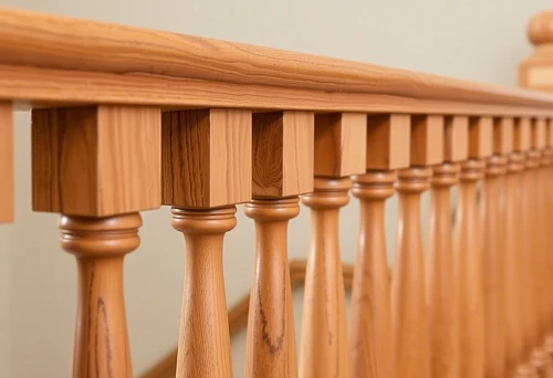 Process of installing wooden balusters on a staircase railing, close-up