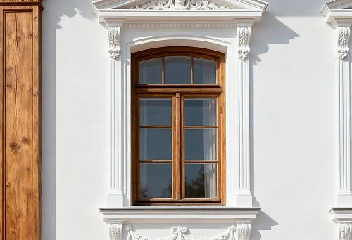 Facade decor for window finishing with classical pediment and decorative elements