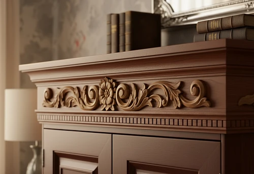Decorative wooden furniture cornice with carved floral ornament