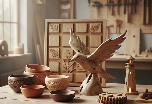 Wooden Products Collection: Bowls, Figurines, and Carved Panels