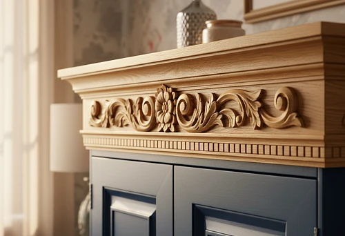 Carved wooden furniture cornice with floral ornament