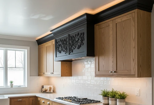 Kitchen furniture cornice with decorative carved element