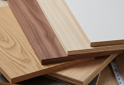 samples of panels made from different materials &mdash; MDF, laminated chipboard, veneer, and laminated panels for furniture facades