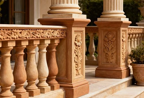Carved Elements of Street Decor on Columns and Balusters of the Facade