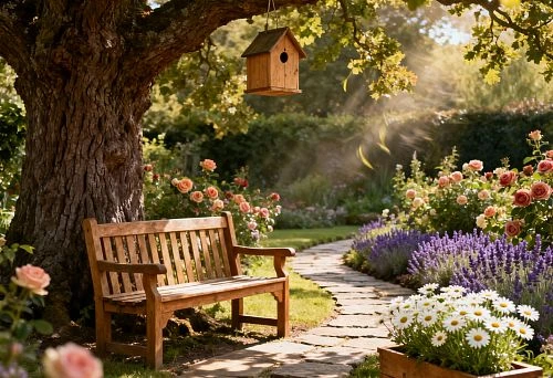 Wooden Bench and Birdhouse on a Tree in Garden Decor for the Cottage