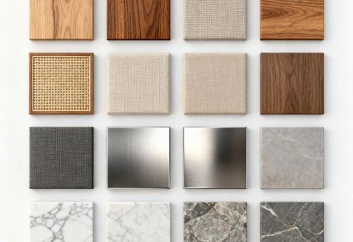 Furniture material samples: wood, metal, fabric, and stone