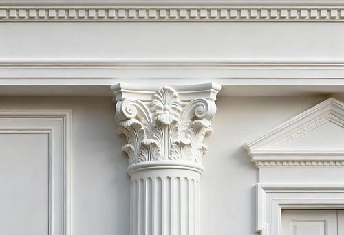 Facade decor in classical style with column, cornice and decorative pediment