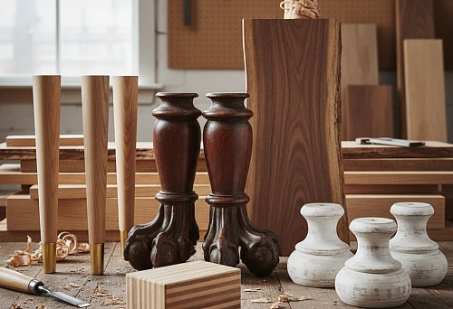 Various Wood and Metal Furniture Legs in the Workshop &mdash; Turned, Ornamental, and Cylindrical Models