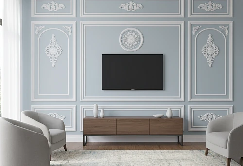 Living room interior in classic style with blue walls decorated with white polyurethane moldings