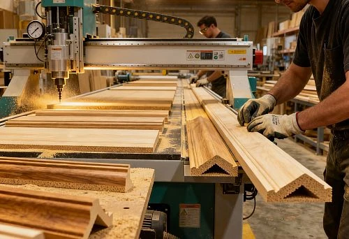 STAVROS Production Process: Processing wooden profiles on a machine.