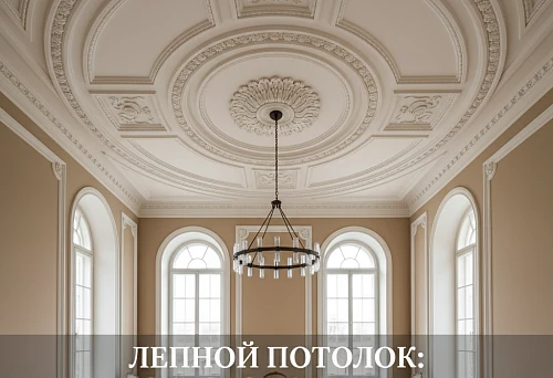 Stucco Ceiling with Rosette and Moldings in a Classic Interior
