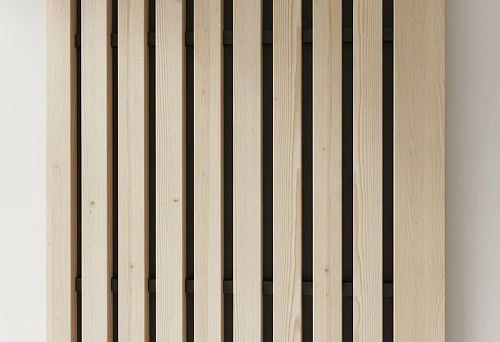 Close-up of decorative slat panels made of light wood