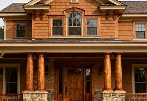 House Finishing with Facade Decor Featuring Columns and Wooden Elements