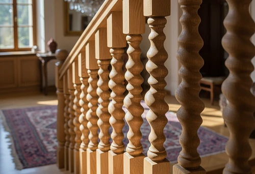 Wooden balusters with turned patterns in a classic interior