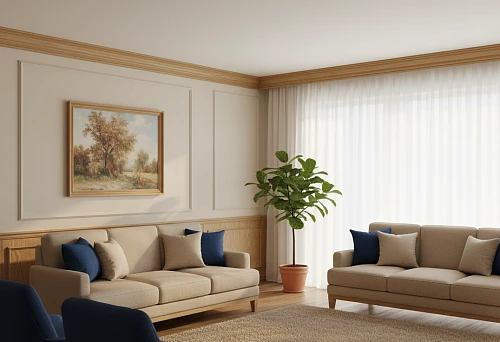 Wooden ceiling cornice in a light living room with classic interior