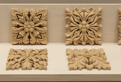 Carved decorative wooden rosettes with floral ornamentation