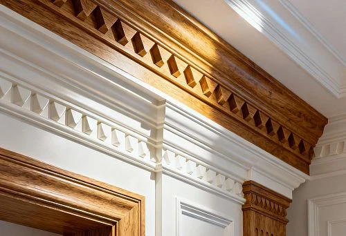 Architectural wall design with wooden and polyurethane elements