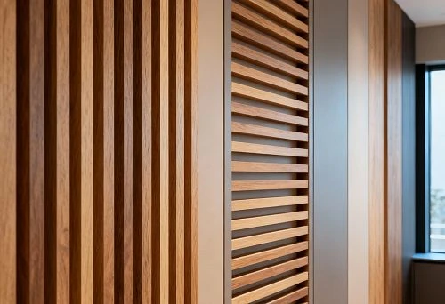 Vertical and horizontal battens made of oak and beech