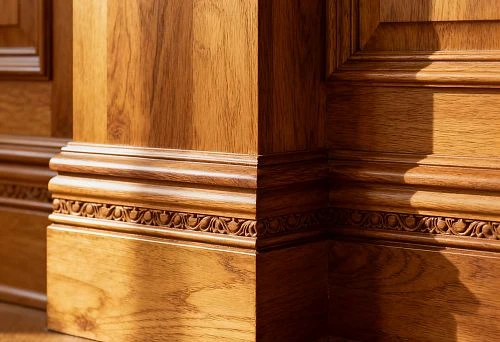 Corner Joint of Baseboard with Carved Oak Decor