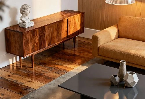Modern interior with wooden furniture and polyurethane elements