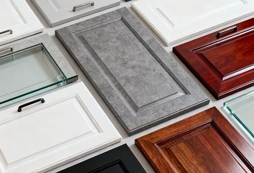 Samples of Furniture Fronts from Different Materials: Wood, MDF, Acrylic, Glass.