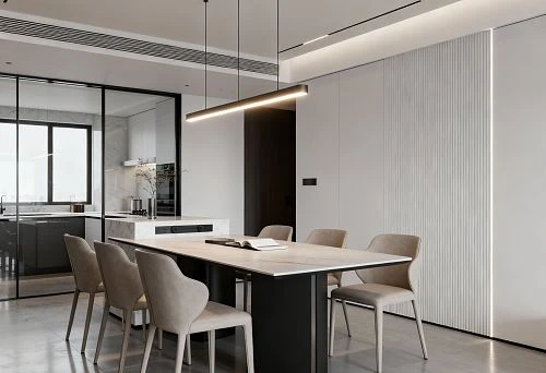Modern Dining Area with Dining Table and Six Chairs in Minimalist Style