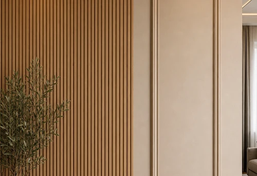 Set of stucco decor CPU.VRS-059 441 &times; 2040 &times; 22 mm on the smooth part of the wall next to the slatted panels