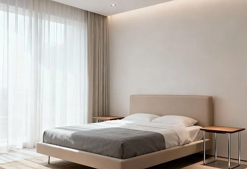 Modern bedroom with a double bed and wooden bedside tables