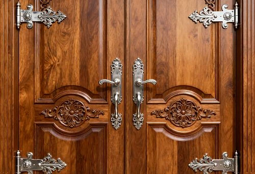 Luxury Wooden Exterior Door with Carved Decor and Metal Hardware