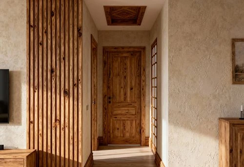 Modern Apartment Interior in Russian Style with Wooden Slatted Panels, High Baseboards, and Solid Wood Doors