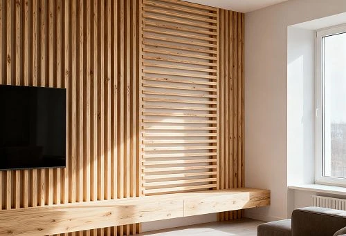 Modern living room interior with wooden slats for wall decoration