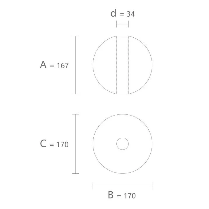 Drawing of the geometric figure KN-004 with dimensions 167 &times; 170 &times; 170 mm and a 34 mm hole