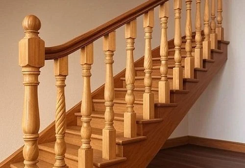 Staircase with solid wood, decorative balusters, and smooth wooden handrail in a log cabin interior