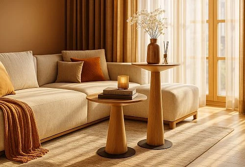 Modern cozy interior with sofa, wooden tables and soft light from the window