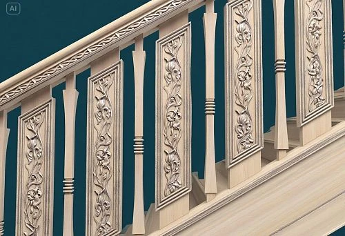Flat wooden balusters with carved patterns in a modern staircase interior