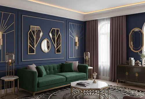 Modern living room with a ceiling cornice for lighting, creating soft light lines along the perimeter of the ceiling.