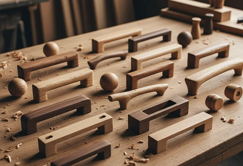 Wooden furniture handles of various shapes on the master's workbench