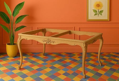 Dining pedestal made of solid wood with elegant carving and curved legs