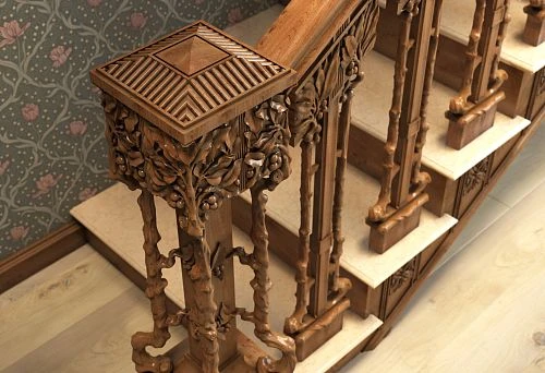 Carved Base of a Wooden Column with Elegant Details and Natural Wood Texture Against a Staircase
